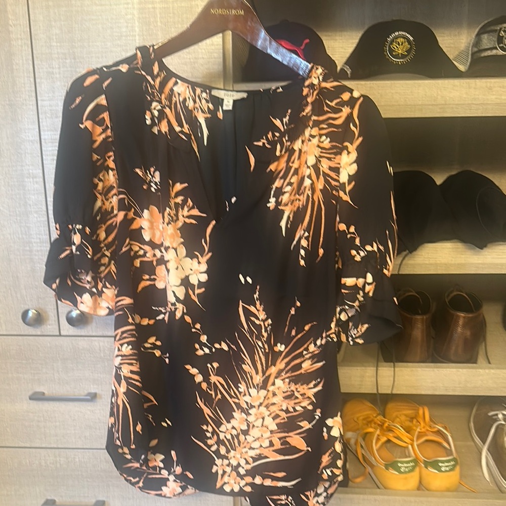 Nordstrom Black and Orange Ruffled Wrap Blouse